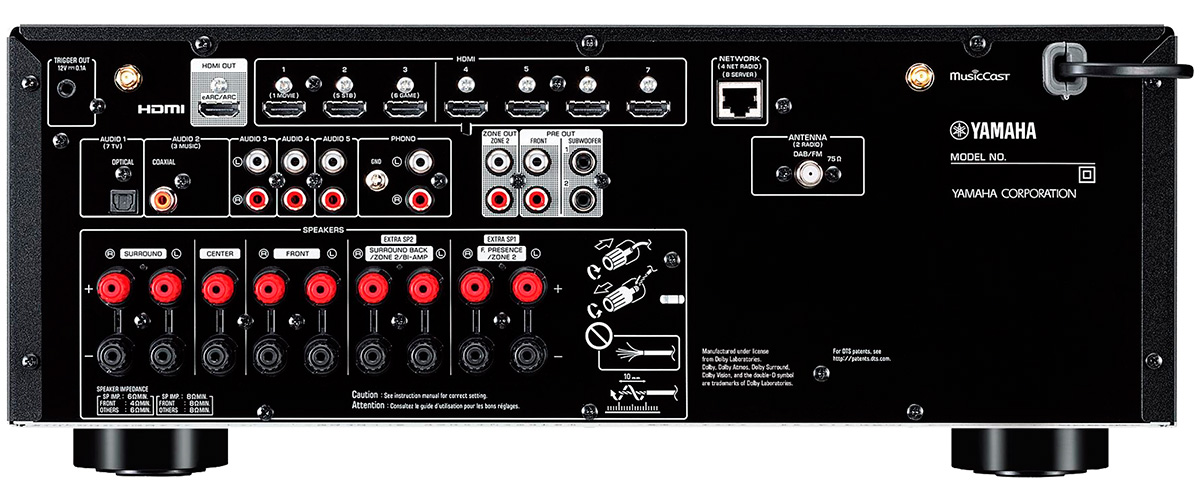 Yamaha RX-V6A back view with inputs and outputs